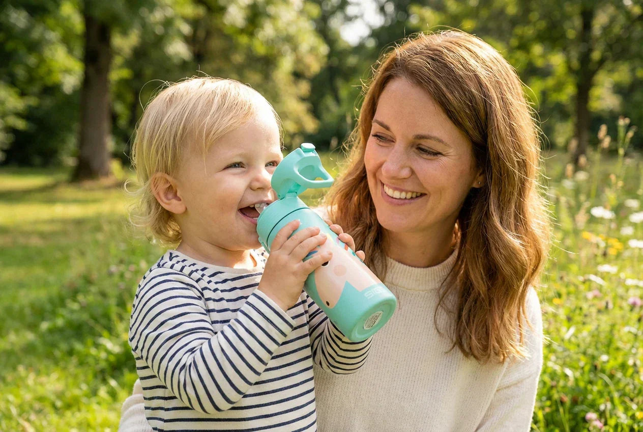 Kind trinkt fröhlich aus einer bunten Trinkflasche.