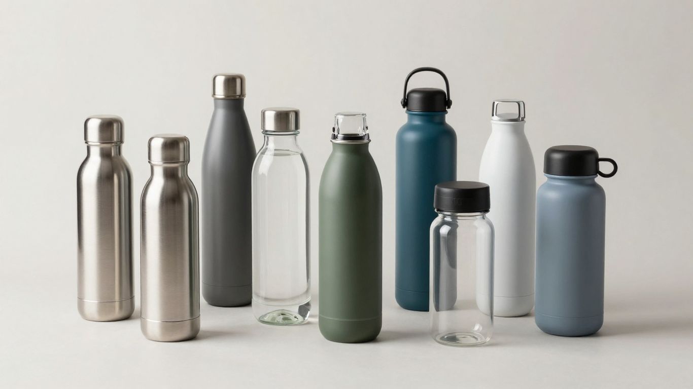 Verschiedene Trinkflaschen auf einem Tisch.