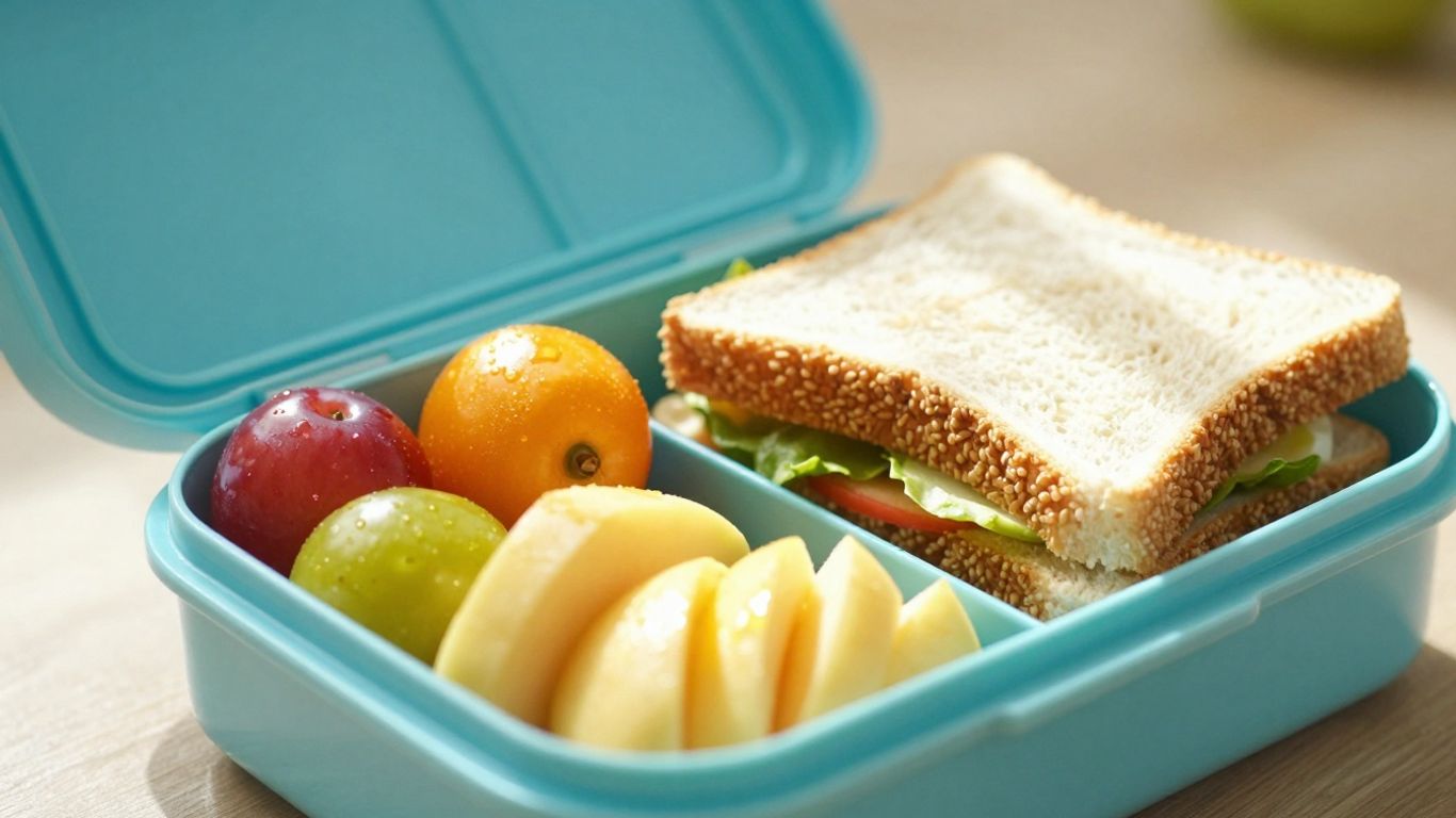 Bunte Brotdose mit gesunden Snacks für Kinder